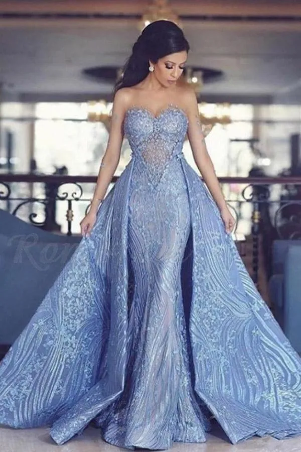 A-line Sweetheart  Blue Lace Long Wedding Dress With Appliques TN234