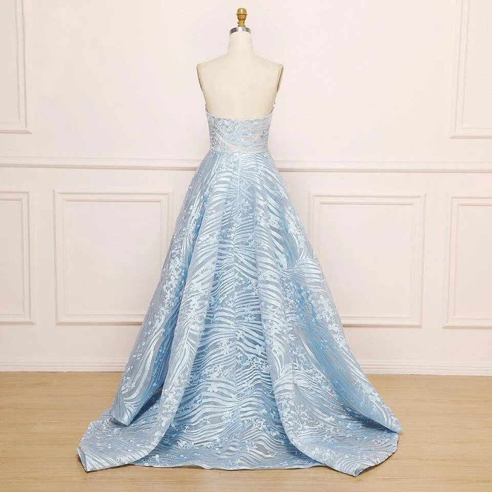 A-line Sweetheart  Blue Lace Long Wedding Dress With Appliques TN234