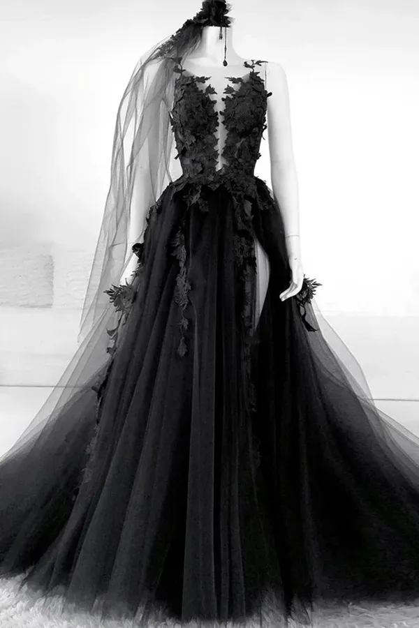 Anneprom Elegant Backless Black Tulle Wedding Dresses With Appliques Modest Prom Dress APW0373