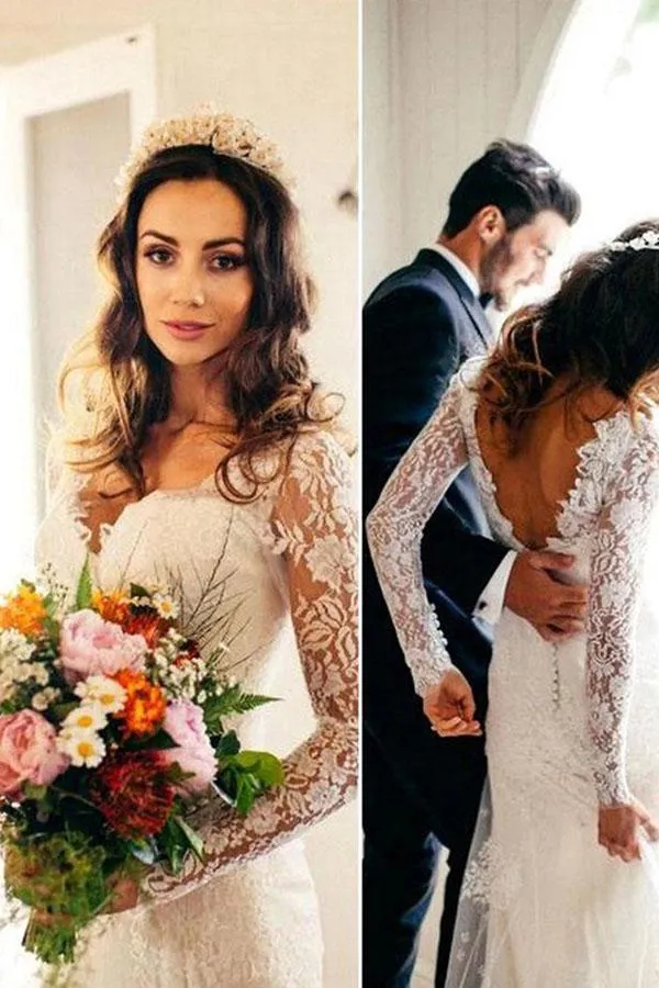 Anneprom Sexy Mermaid Long Sleeves White Lace Wedding Dress APW0118