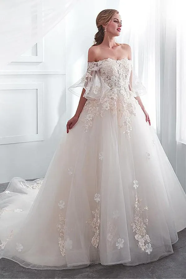 Anneprom Tulle Off-The-Shoulder Neckline A-Line Wedding Dress With Lace Appliques APW0218