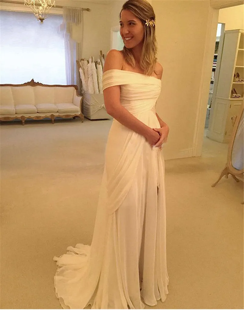 Beach Wedding Dress,Lace Evening Dress Off Shoulder,Slit Lace White Prom Dress,Off Shoulder Chiffon Slit Beach Wedding Dress