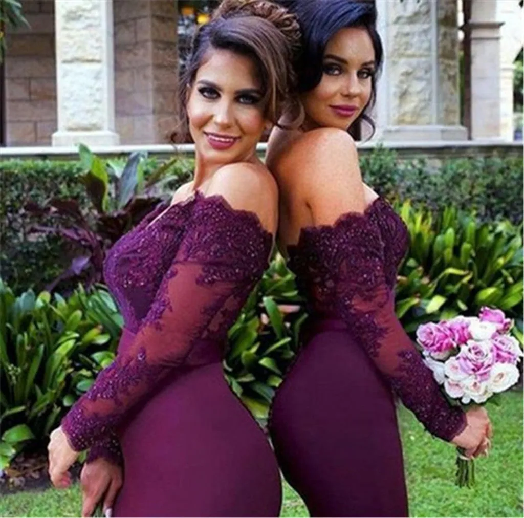 Burgundy Mermaid Long Sleeve Lace Top Long Bridesmaid Dresses