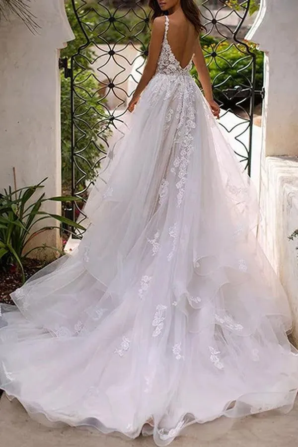 Charming Spaghetti Straps Tulle Backless Wedding Dresses With Lace Appliques TN281