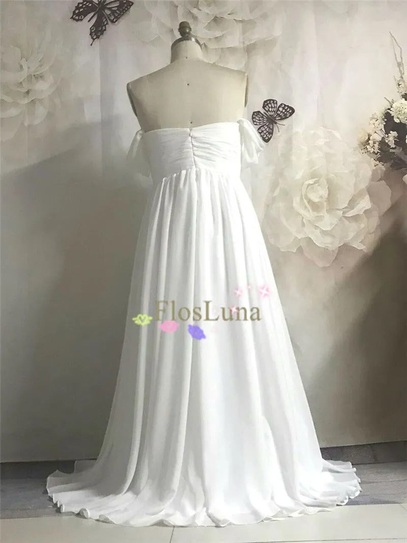 Charming White A-line Chiffon Long Prom Dress Off the Shoulder Beach Wedding Dress