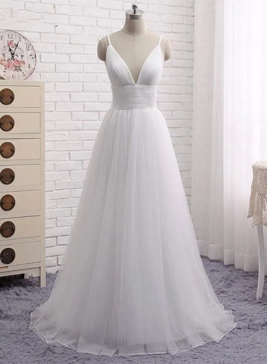 Charming White Tulle V-neckline Straps Party Dress, Simple Beach Wedding Dress