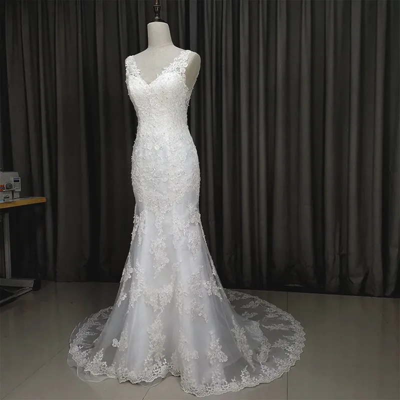 Elegant V-neckline Mermaid Lace Long Wedding Dress, Beach Bridal Gown