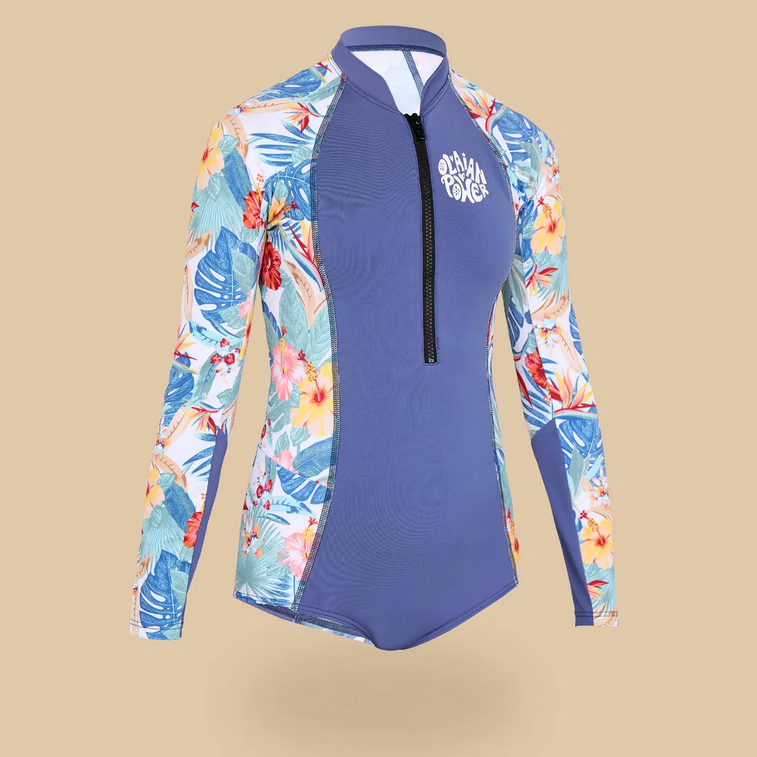 Girls’ surfing front zip long sleeve one-piece swimsuit - 500 blue