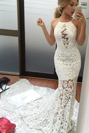 Ivory Mermaid Lace Brush Train Lace Wedding Dresses Bridal Gown, SW181