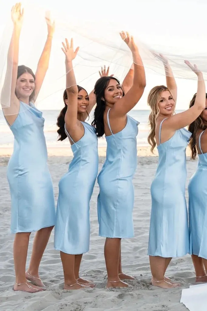 Light Blue Cowl Neck Straps Calf-Length Bridesmaid Dress BD062