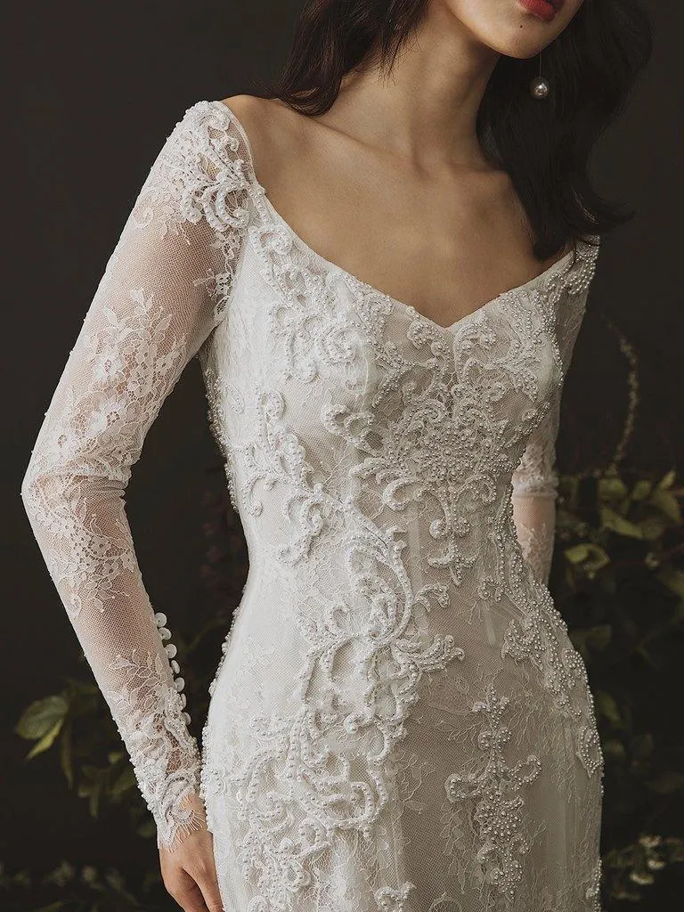 Long Sleeves Sheath Wedding Dresses Lace Appliqued Gowns TN236