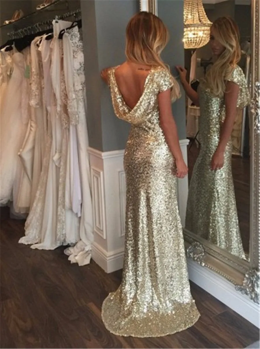 Rose Gold Mermaid Cowl Back Wedding Dress Sequin Bridesmaid Dress Long Sexy Cap Sleeve Sequin Prom Evening Dress Backless