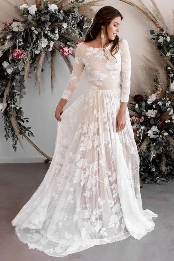 Scoop Neck Long Sleeves Lace A-Line Weddding Dress Bridal Gown TN250