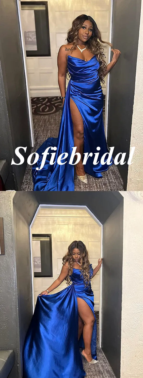 Sexy Soft Satin Sweetheart Side Slit Mermaid Long Prom Dresses With Trail, PD0943
