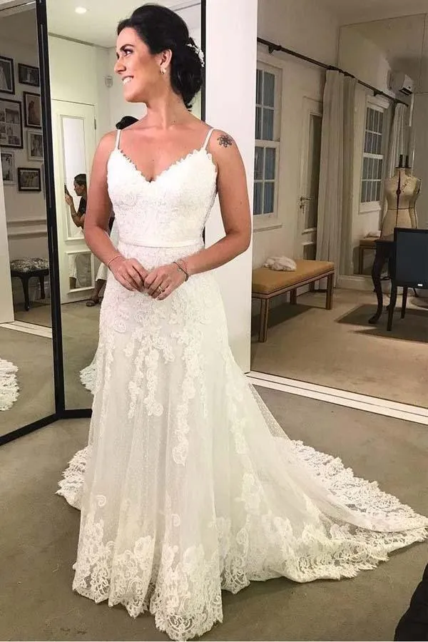 Spaghetti Strap Printed Backless Lace Beach Wedding Dresses with Sash TN198