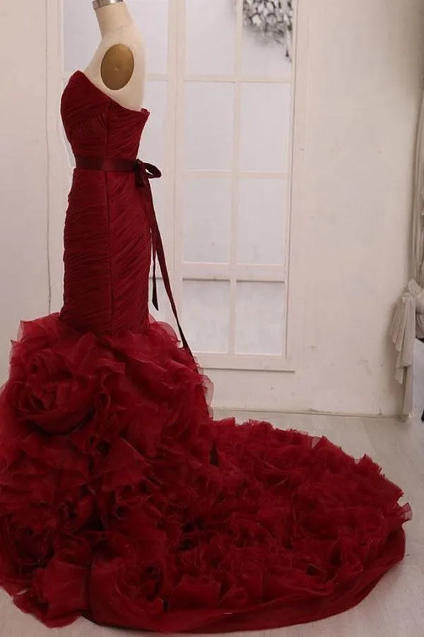 Sweetheart Mermaid Tiered Train Organza Wedding Dress with Sash WD161