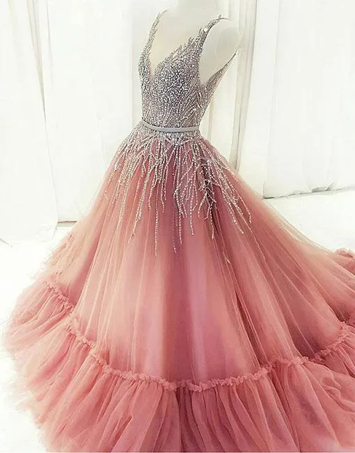 Unique A-Line V-Neck Pink Tulle Long Prom/Evening Dress with Beading